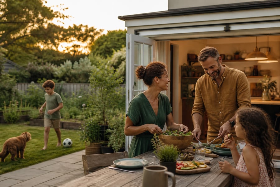 A family sharing an evening meal in their garden