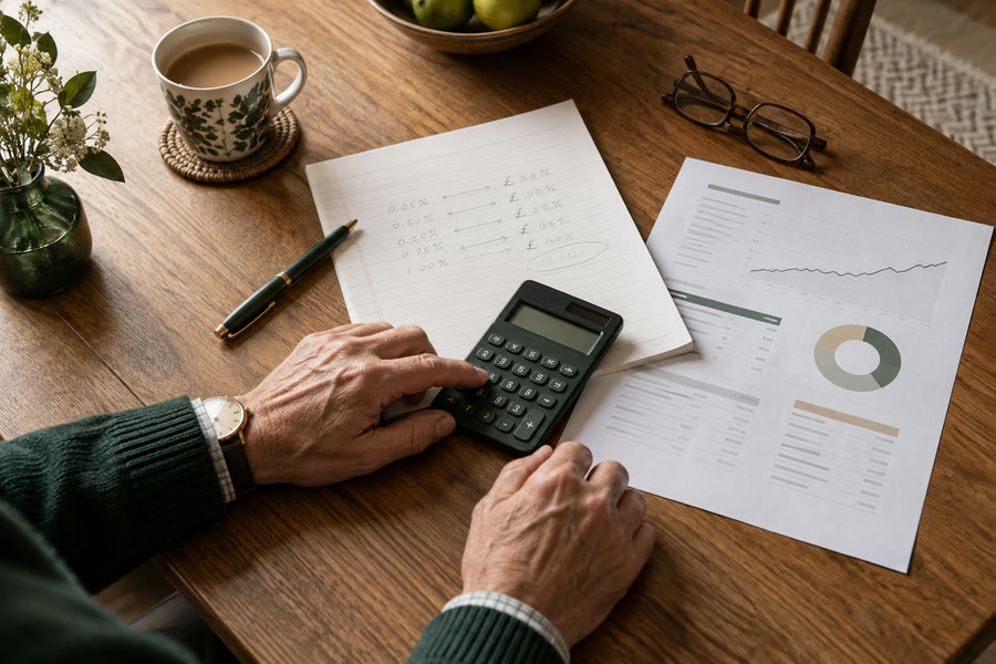 A person turning percentage fees into pounds with a calculator