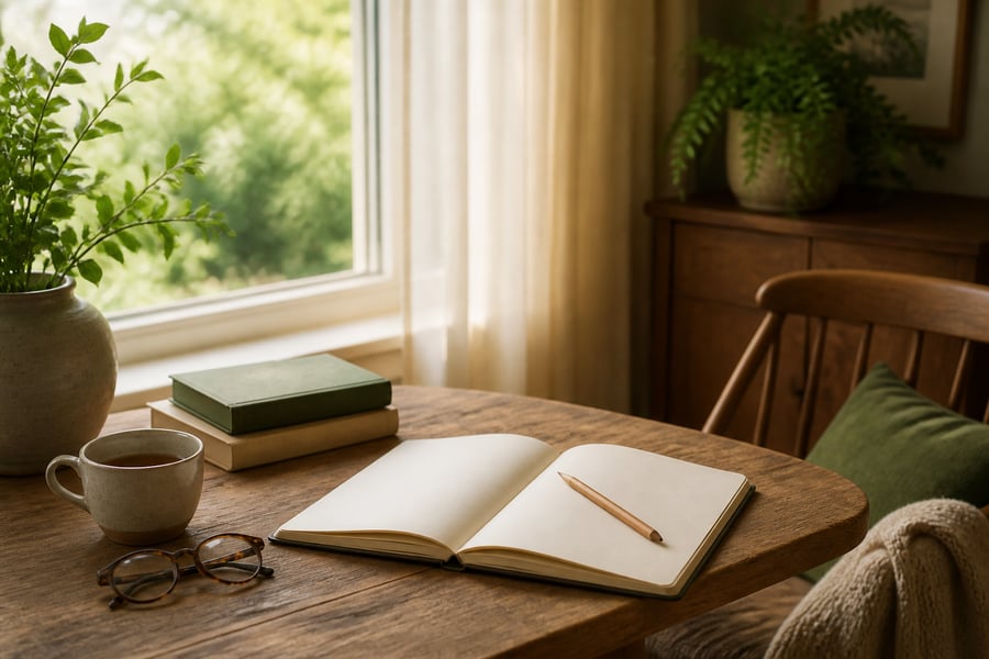 An open notebook, tea and reading glasses on a sunlit table