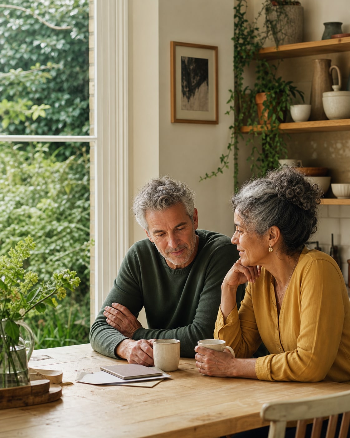 Couple talking over their plans at a kitchen table