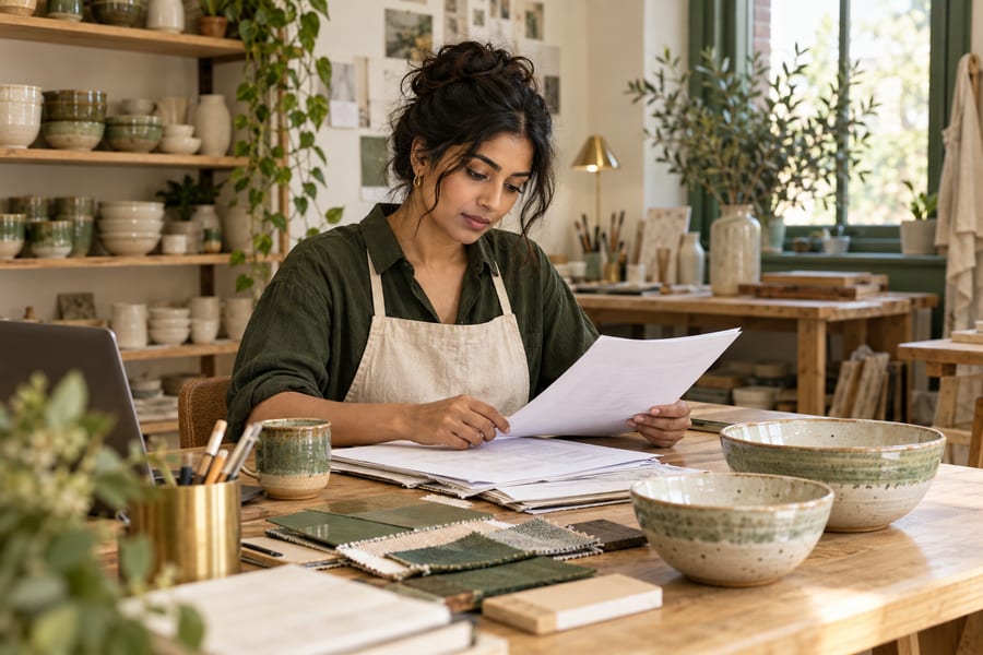 A studio owner reviewing papers beside product samples