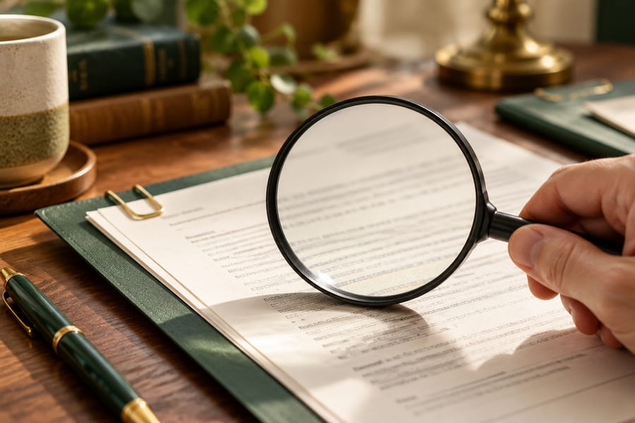 A magnifying glass over fine print on cream paper