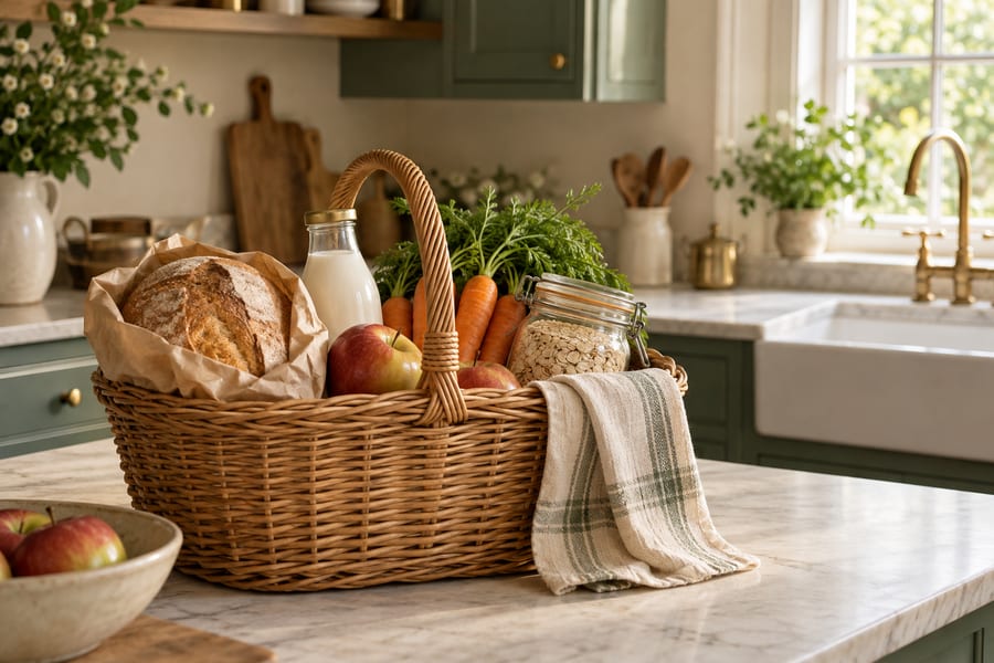 An ordinary grocery basket on a kitchen counter