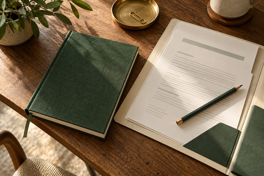 A planner, folder and pencil arranged for a review