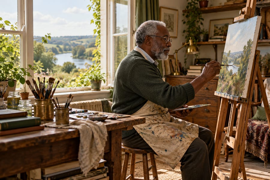 An older man painting in a bright home studio