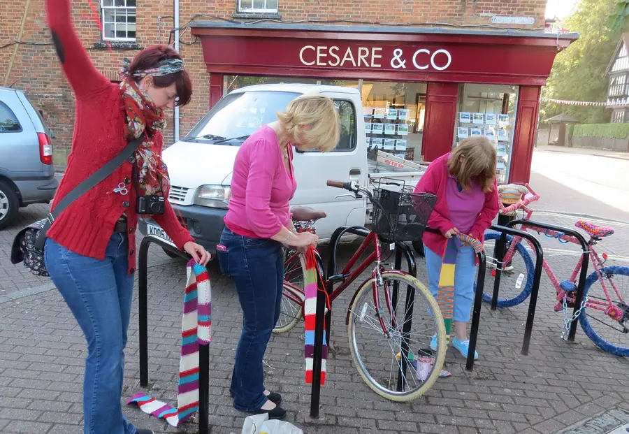 Yarn bombing the bicycle rails in Tring Church Square   geograph.org.uk   4554154