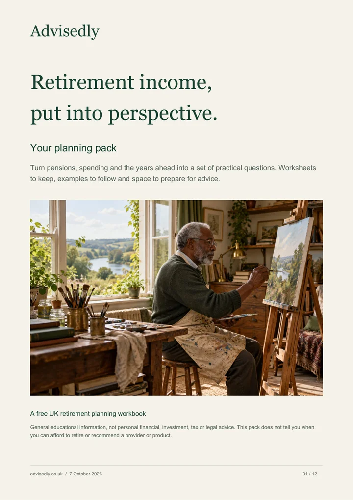 Cover of Advisedly's retirement income planning pack, showing an older man painting in a home studio