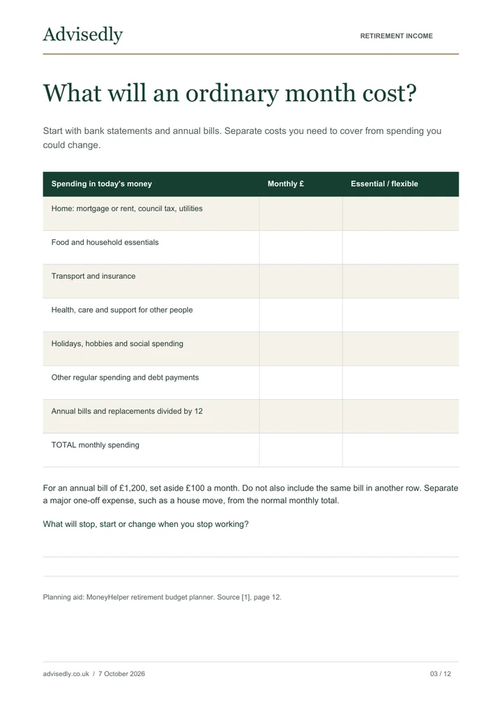 Preview of the retirement spending worksheet, with blank rows for monthly costs