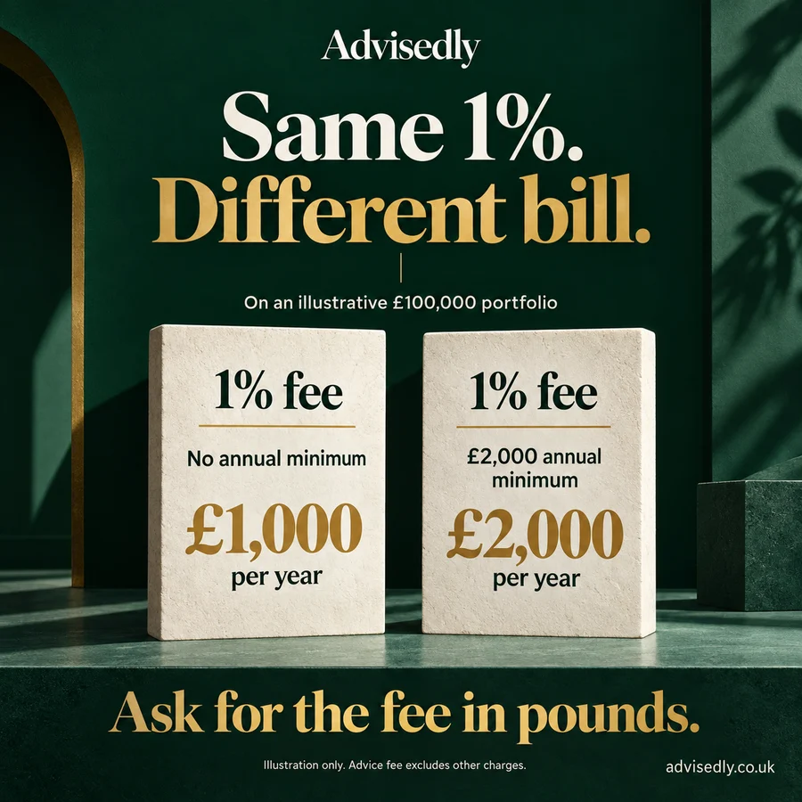 Same 1%, different bill: on £100,000, a 1% fee is £1,000 a year; a £2,000 annual minimum makes the bill £2,000. Illustration only, excluding other charges.