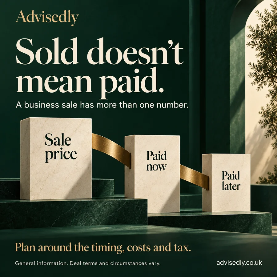 Sold does not mean paid: sale price, paid now and paid later. Plan around timing, costs and tax. Terms and circumstances vary.