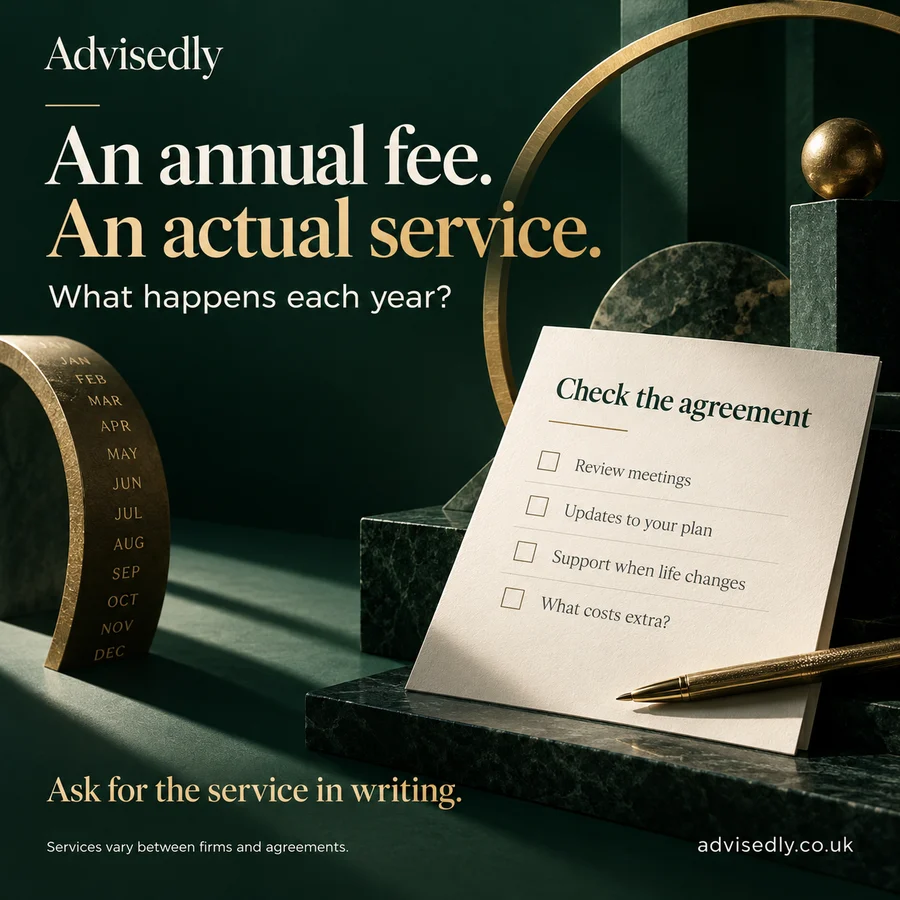 An annual fee, an actual service: review meetings, plan updates, support when life changes and what costs extra. Ask for the service in writing.